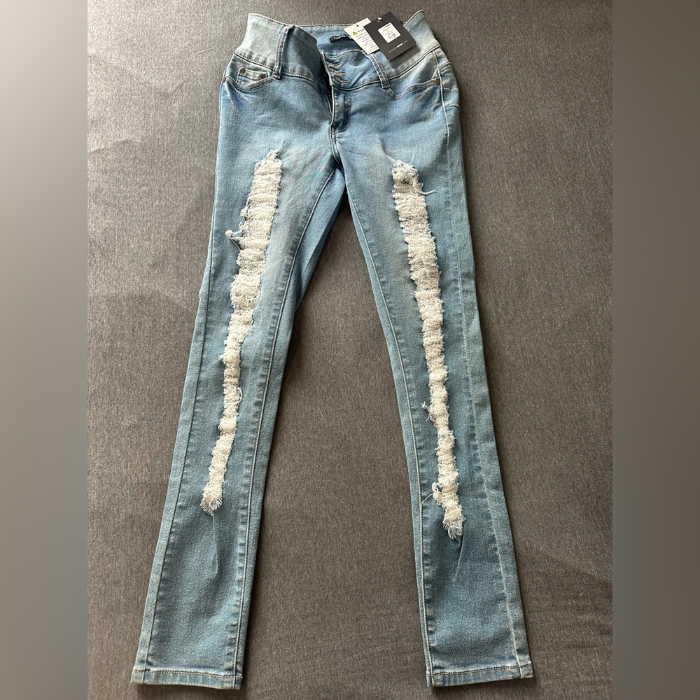 Fashion Nova Light Blue Distressed Skinny Jeans